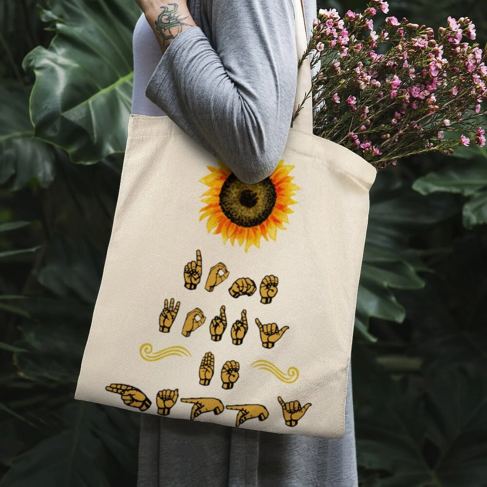 Dont Worry Be Happy ASL Sign Language Sunflower Tote Bag White Canvas Bag 90s School Custom Logo
Dont Worry Be Happy ASL Sign Language Sunflower Tote Bag White Canvas Bag 90s School Custom Logo