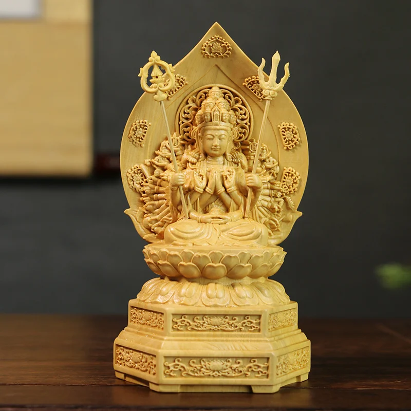 

15cm Wood Thousand Hands Guan Yin Boxwood Sculpture Buddha Statue Feng Shui Sitting Lotus Thousand Hands Guanyin Home Decor