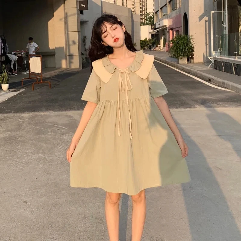 Sweet Girl Lace-Up Peter Pan Collar Midi Dresses Female 2021 New Cute College Style Student Korean Loose Thin Summer Dress Women
Sweet Girl Lace-Up Peter Pan Collar Midi Dresses Female 2021 New Cute College Style Student Korean Loose Thin Summer Dress Women