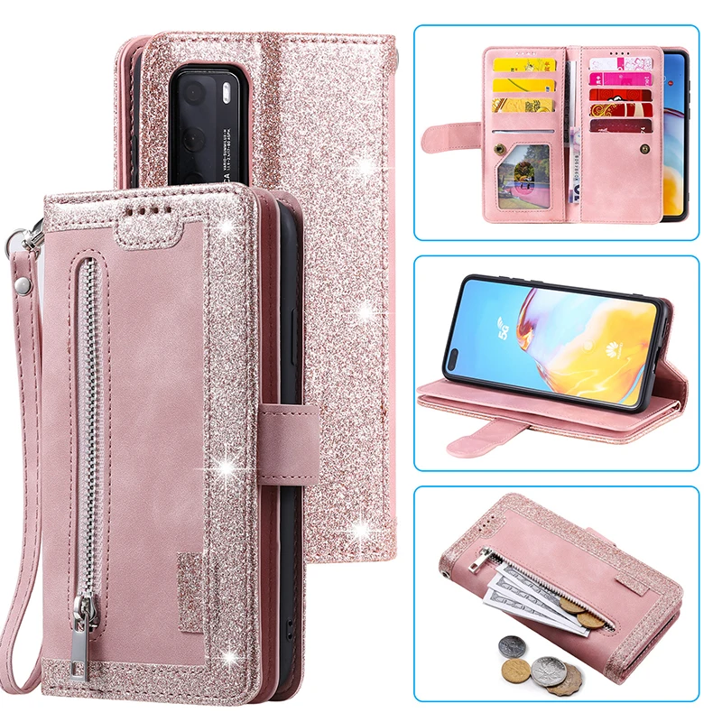 

9 Card Slots PU Leather Case for Huawei P40 Pro Magnetic Flip Case for Huawei P40 P30 Lite Zipper Wallet Cover