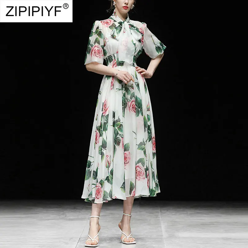 2021 Summer Runway Fashion Vintage Style Scarf Neck Short Sleeve Floral Printing Ball Gown Chiffon Holiday Women Dresses Z383
2021 Summer Runway Fashion Vintage Style Scarf Neck Short Sleeve Floral Printing Ball Gown Chiffon Holiday Women Dresses Z383