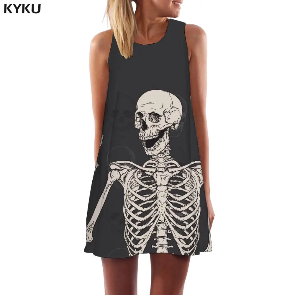 

KYKU Skull Dress Women Skeleton Sundress Hip Hop Party Rock Boho Womens Clothing Vintage Sleeveless Tunic Large Sizes Fashion