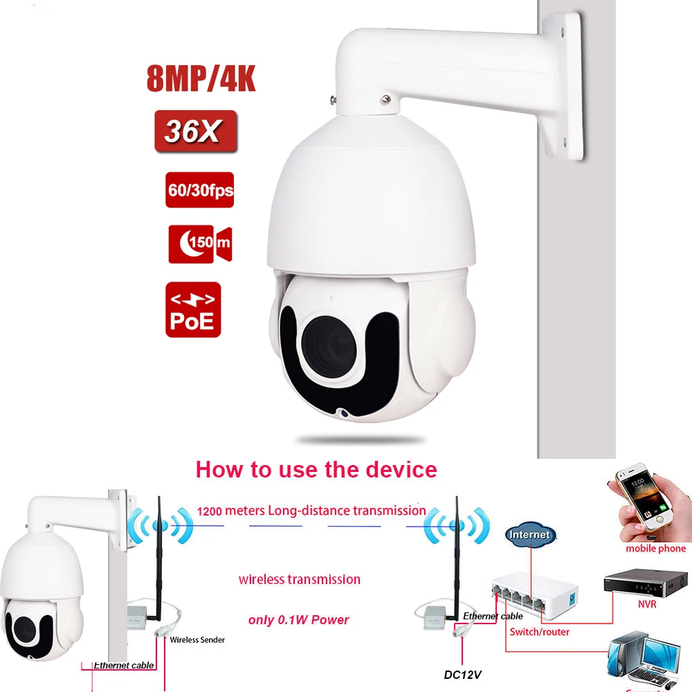 

8MP 4K 36X Zoom Wireless WIFI Long Distance Outdoor Waterproof Dome PTZ IP Camera H.265 IR 150M CCTV Security