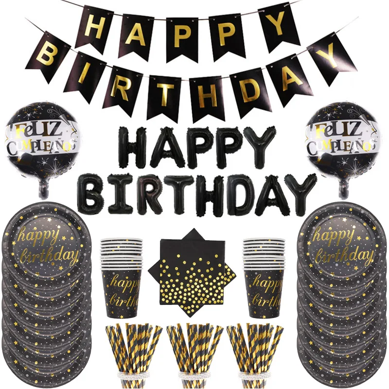 Happy birthday party decoration disposable tableware paper towel cup straw plate balloon supplies 10 gold black
Happy birthday party decoration disposable tableware paper towel cup straw plate balloon supplies 10 gold black
