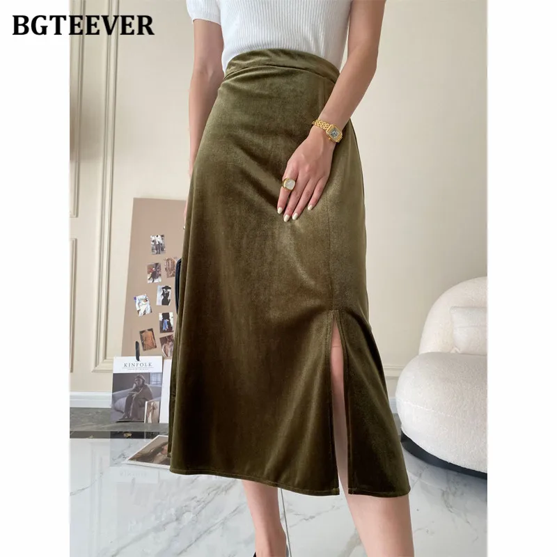 BGTEEVER Vintage Chic Front Split Velvet Skirts Women Autumn Winter Elegant Elastic Waist Female A-line Skirts 2021
BGTEEVER Vintage Chic Front Split Velvet Skirts Women Autumn Winter Elegant Elastic Waist Female A-line Skirts 2021