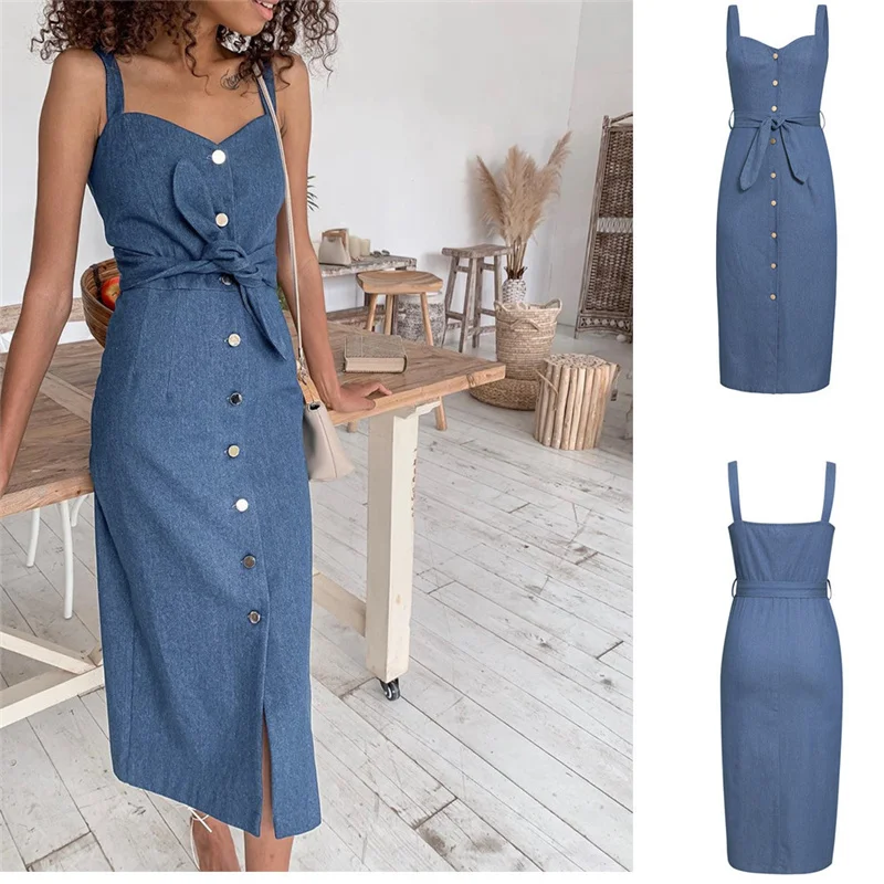 Summer New Solid Color Buttons Midi Dresses Casual Streetwear Belt Slim Party Dress Fashion Denim Sling Dresses Women's Clothing
Summer New Solid Color Buttons Midi Dresses Casual Streetwear Belt Slim Party Dress Fashion Denim Sling Dresses Women's Clothing