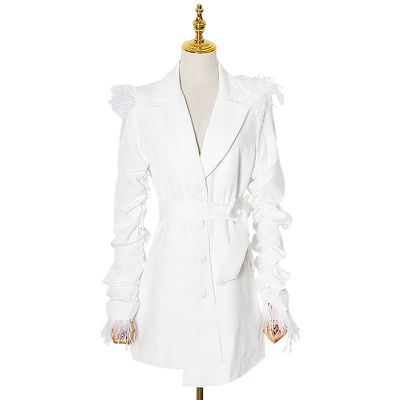 New feather Joker ruffle ostrich feather decoration waist irregular lapel suit dress women
New feather Joker ruffle ostrich feather decoration waist irregular lapel suit dress women