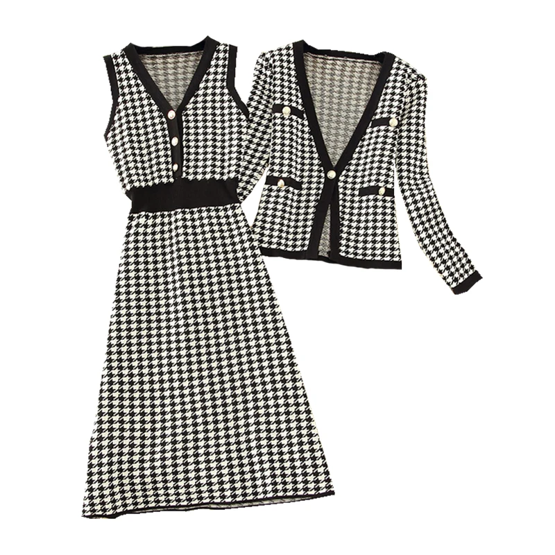 Women Vintage Black Plaid Knitted Sweater Dress 2020 New Long Sleeve Warm Party Dress 2 Pieces Set 2PCS Suits Winter Autumn
Women Vintage Black Plaid Knitted Sweater Dress 2020 New Long Sleeve Warm Party Dress 2 Pieces Set 2PCS Suits Winter Autumn
