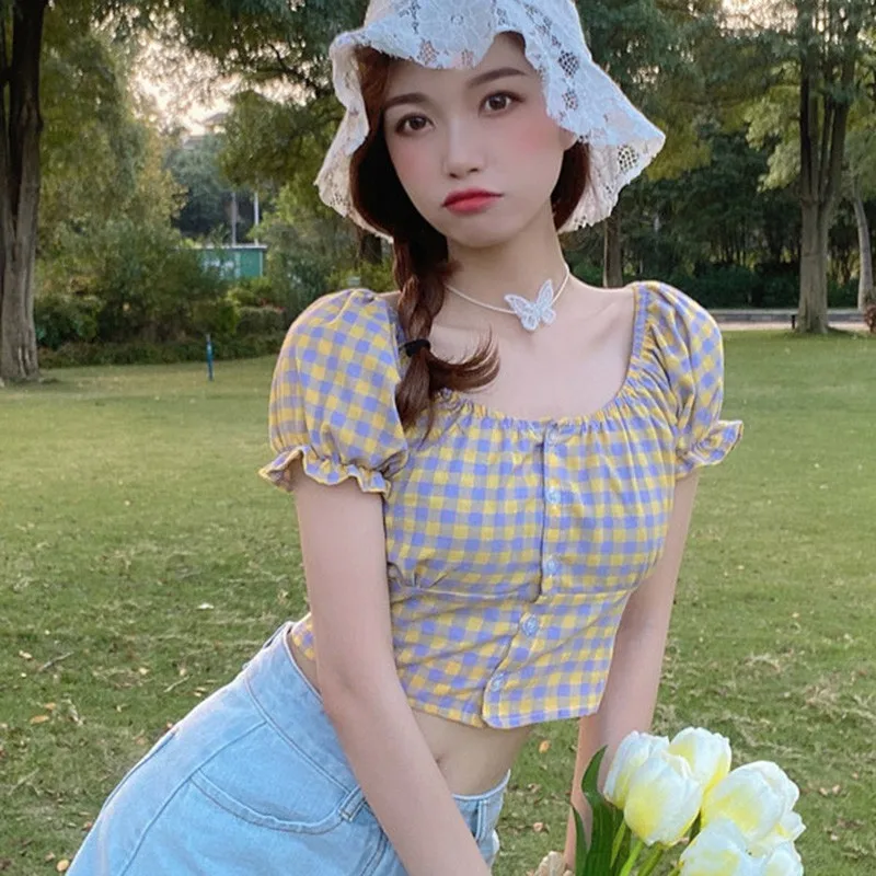 New Arrival Summer Fashion Women Plaid Print Square Collar Blouse Puff Sleeve Short Sleeve Korean Style Sweet Shirt
New Arrival Summer Fashion Women Plaid Print Square Collar Blouse Puff Sleeve Short Sleeve Korean Style Sweet Shirt
