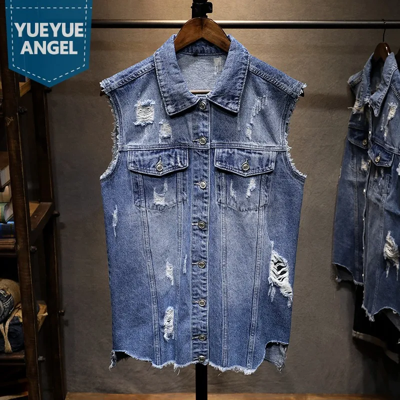 Spring Summer Hole Ripped Denim Vest Men Single Breasted Slim Fit Printed Waistcoat Turn-Down Collar Sleeveless Bikers Jacket
Spring Summer Hole Ripped Denim Vest Men Single Breasted Slim Fit Printed Waistcoat Turn-Down Collar Sleeveless Bikers Jacket