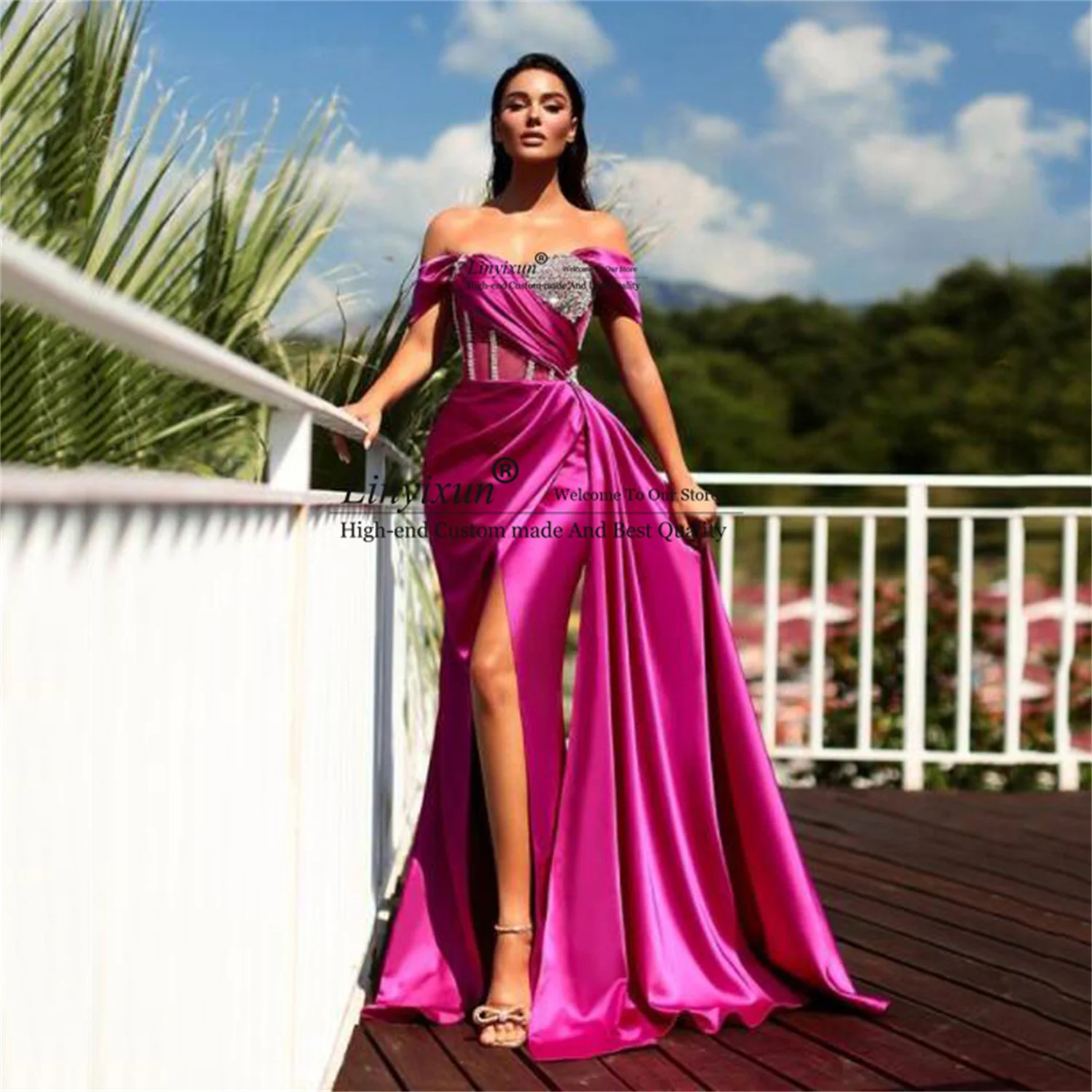 Sexy Fuchsia Mermaid Prom Dresses Beaded Pleat Split Side Formal Evening Party Gown Sweetheart Off the Shoulder Robes de soirée
Sexy Fuchsia Mermaid Prom Dresses Beaded Pleat Split Side Formal Evening Party Gown Sweetheart Off the Shoulder Robes de soirée