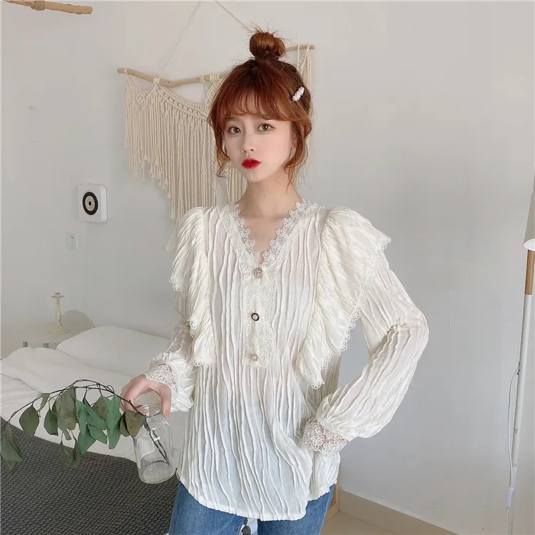 Sweet Style Korean Clothes Spring Autumn Women Blouses Lace-up Long Sleeve Tops V-neck Female Shirts Fashion Brand New 2021 
Sweet Style Korean Clothes Spring Autumn Women Blouses Lace-up Long Sleeve Tops V-neck Female Shirts Fashion Brand New 2021