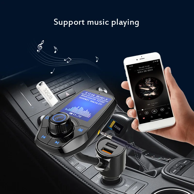 Big Screen Dual USB FM Transmitter Aux Modulator Bluetooth Car MP3 player Quick Charge 3.0 Charger Kit Fast Phone | Мобильные