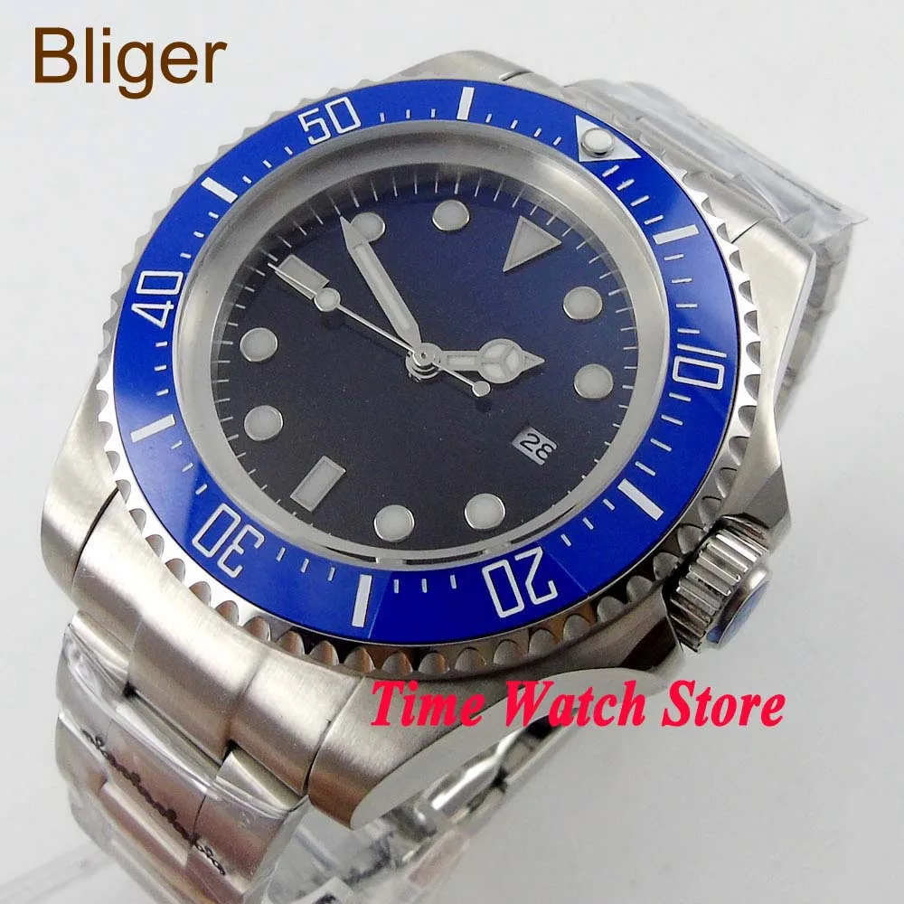 

Bliger 44 мм Miyota 8215 SEA автоматические мужские часы градиентный цвет стрелочный циферблат Дата Светящийся синий керамический ободок