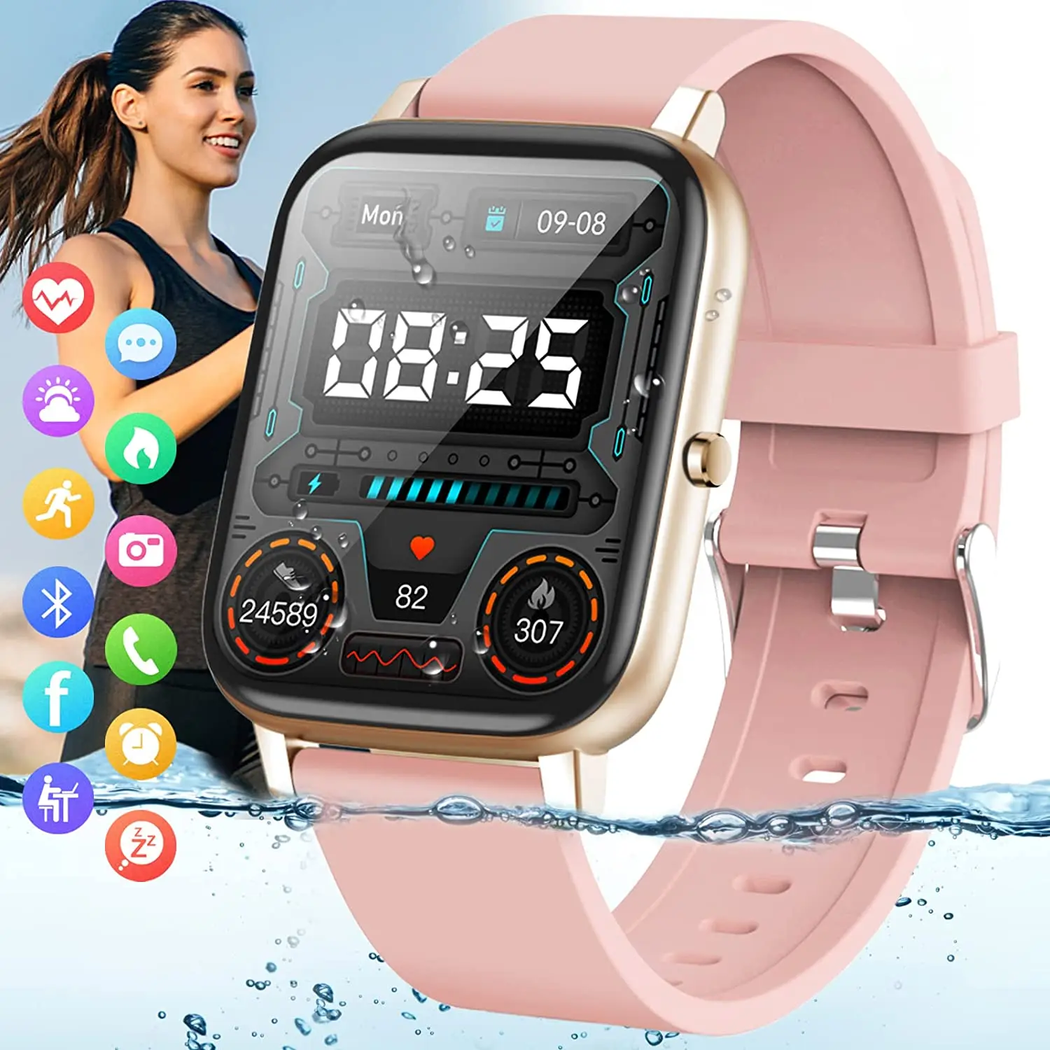 

Умные часы, фитнес-часы для женщин, трекер активности с монитором сердечного ритма и артериального давления, IP67 водонепроницаемые умные час...
