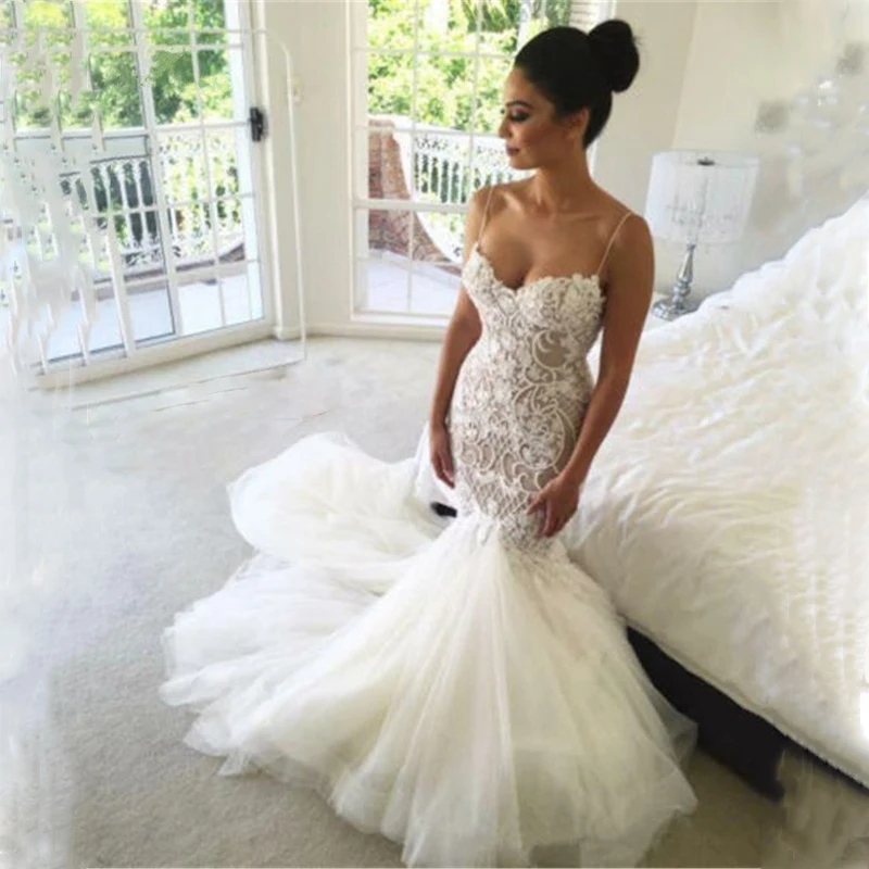 Sweetheart Mermaid Dress Appliques Lace Spaghetti Strap Wedding Dresses Custom Made Backless Bridal Gown Formal robes de mariée
Sweetheart Mermaid Dress Appliques Lace Spaghetti Strap Wedding Dresses Custom Made Backless Bridal Gown Formal robes de mariée