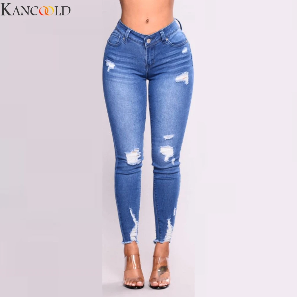 Фото Рваные джинсы для женщин новинка 2020 синие джинсовые брюки модные узкие с