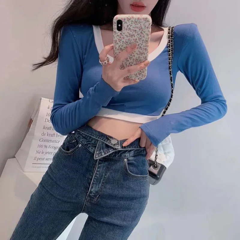 Summer Women's Tops New Super Short Showing Belly Button Long Sleeve Sexy Solid Color Slim Big U-neck Early Autumn T-Shirt 2021
Summer Women's Tops New Super Short Showing Belly Button Long Sleeve Sexy Solid Color Slim Big U-neck Early Autumn T-Shirt 2021
