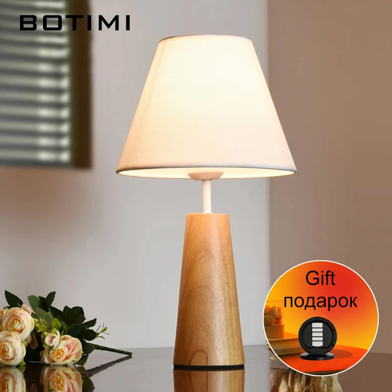 

Деревянная настольная лампа BOTIMI с тканевым абажуром для спальни, прикроватные лампы, декоративные светильники для книг, освещение для чтен...