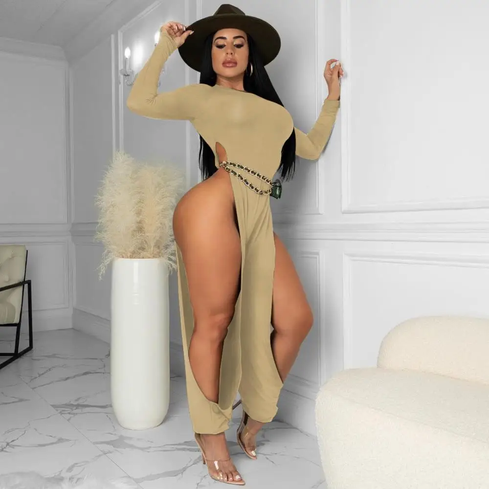 Women's Sexy Leg Exposed Jumpsuit Pure Color Stretchy Imitation Cotton Fabric Rompers Long Sleeve Side High Split Long Jumpsuits
Women's Sexy Leg Exposed Jumpsuit Pure Color Stretchy Imitation Cotton Fabric Rompers Long Sleeve Side High Split Long Jumpsuits