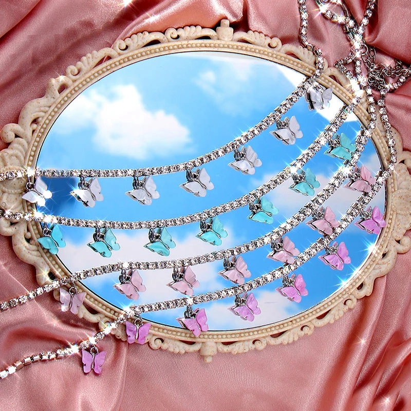 

2020 новый роскошный кристалл бабочка кулон теннис ожерелье для женщин цепочка чокер со стразами Ожерелья Разноцветные акриловые ювелирные изделия