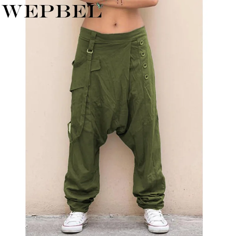 Женские шаровары WEPBEL однотонные с карманами свободные эластичные низкой талией |