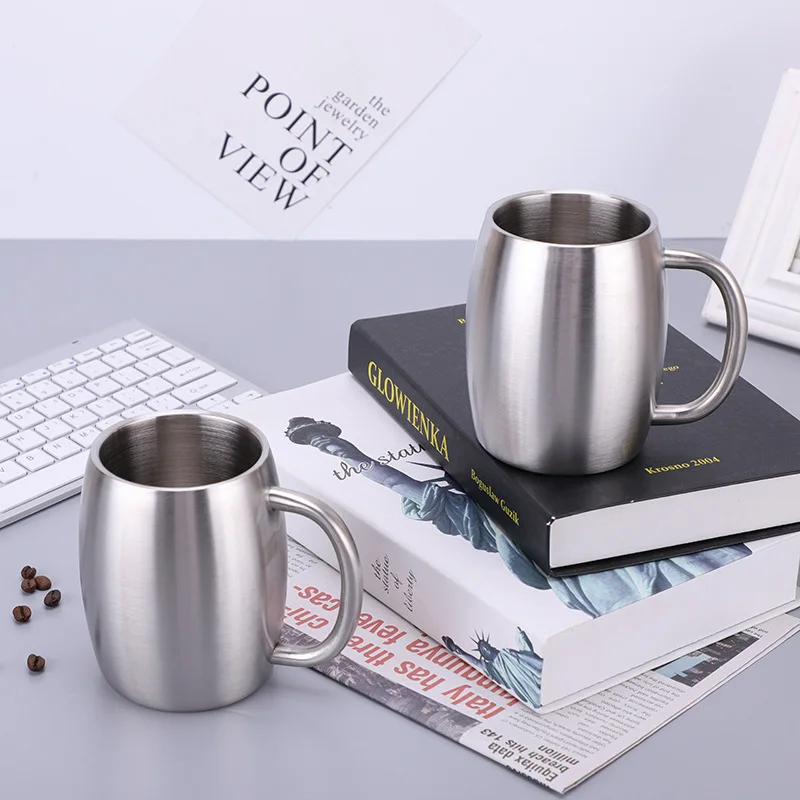 

400ml Double Layer Coffee Mug 304 Stainless Steel Szklanki Do Drinków Beer Barrel Mug Travel(14oz) Office Family With Handle