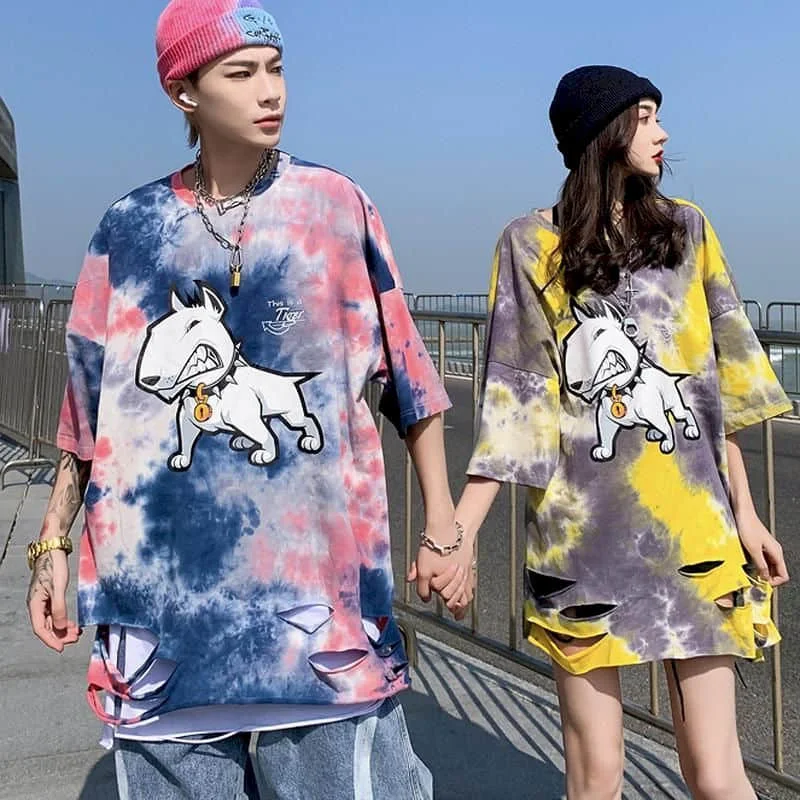 Short-sleeved t-shirt men women new summer irregular hole tie-dye students Korean style of loose couple half-sleeved tops
Short-sleeved t-shirt men women new summer irregular hole tie-dye students Korean style of loose couple half-sleeved tops