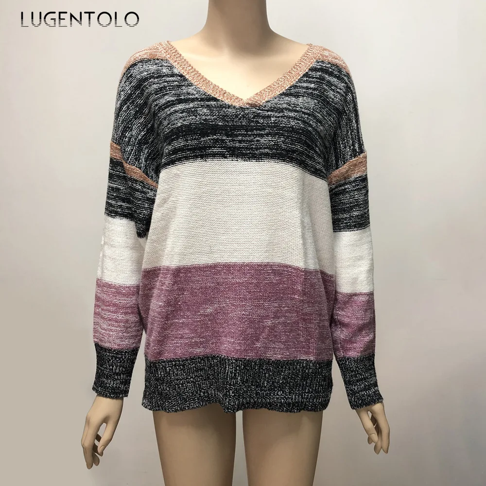 Lugentolo Autumn Women Sweater V-neck Multi-Color Striped Knitted Casual Loose Long Sleeve Lady Pullover All-match Sweaters
Lugentolo Autumn Women Sweater V-neck Multi-Color Striped Knitted Casual Loose Long Sleeve Lady Pullover All-match Sweaters