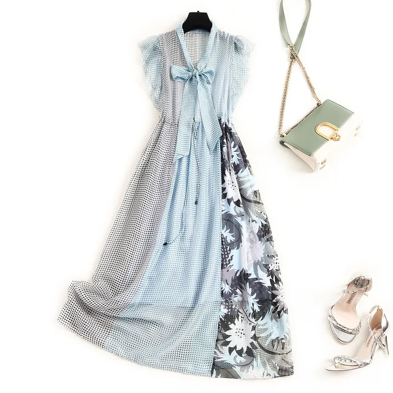 Fashionable 2020 Summer Women High End Standing Collar Bandage Bow 100% Mulberry Silk Shell Temperament Floral Chiffon Dress 
Fashionable 2020 Summer Women High End Standing Collar Bandage Bow 100% Mulberry Silk Shell Temperament Floral Chiffon Dress