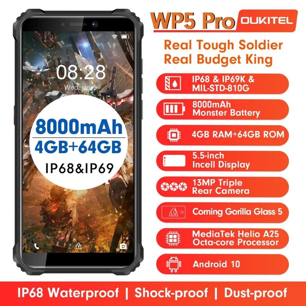 

Смартфон OUKITEL WP5 Pro IP68, 8000 мАч, водонепроницаемый телефон на базе Android 10, тройная камера, лицо/сканер отпечатка пальца, 5,5 дюйма, 4 ГБ, 64 ГБ, мобиль...