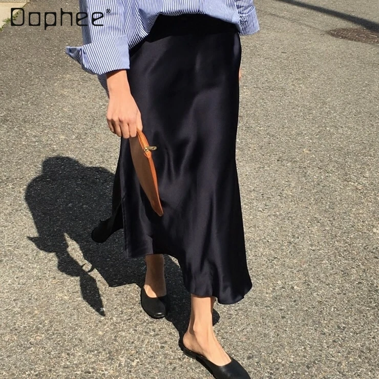 

Женская Весна 2021, новая французская шелковая атласная юбка с высокой талией, шелковая трапециевидная юбка-годе в стиле ретро, длинная юбка