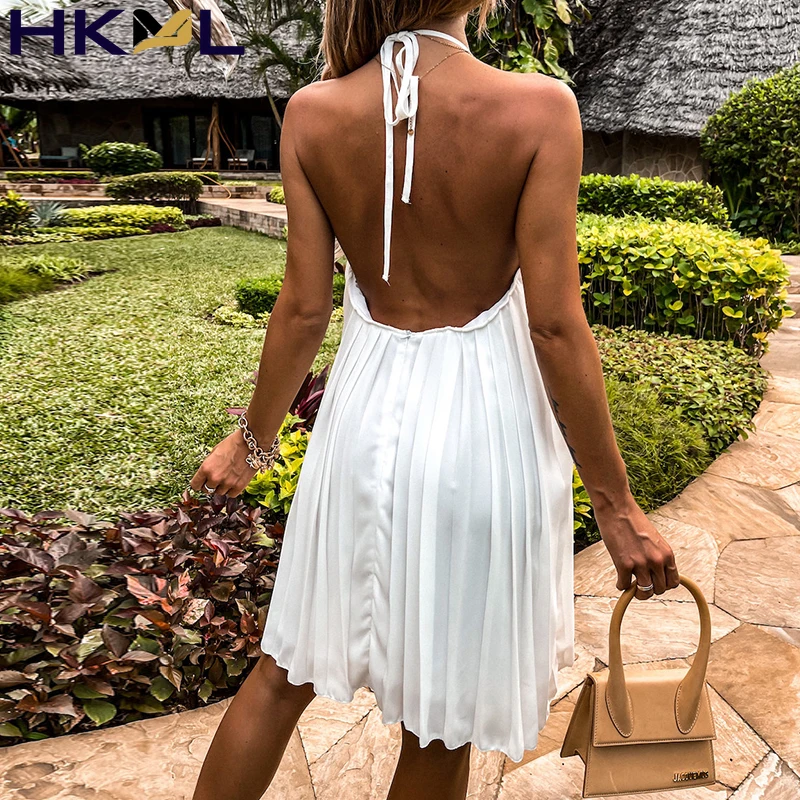 Women Dresses Chiffon Backless Halter Solid Color Pleated Holiday Beach Dress 2021 Summer New
Women Dresses Chiffon Backless Halter Solid Color Pleated Holiday Beach Dress 2021 Summer New