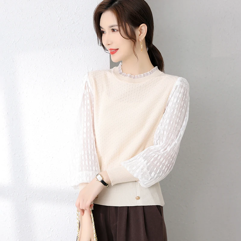 Korean version of the top women fall new lace mesh solid-colored wool sweater loose bottom sweater
Korean version of the top women fall new lace mesh solid-colored wool sweater loose bottom sweater
