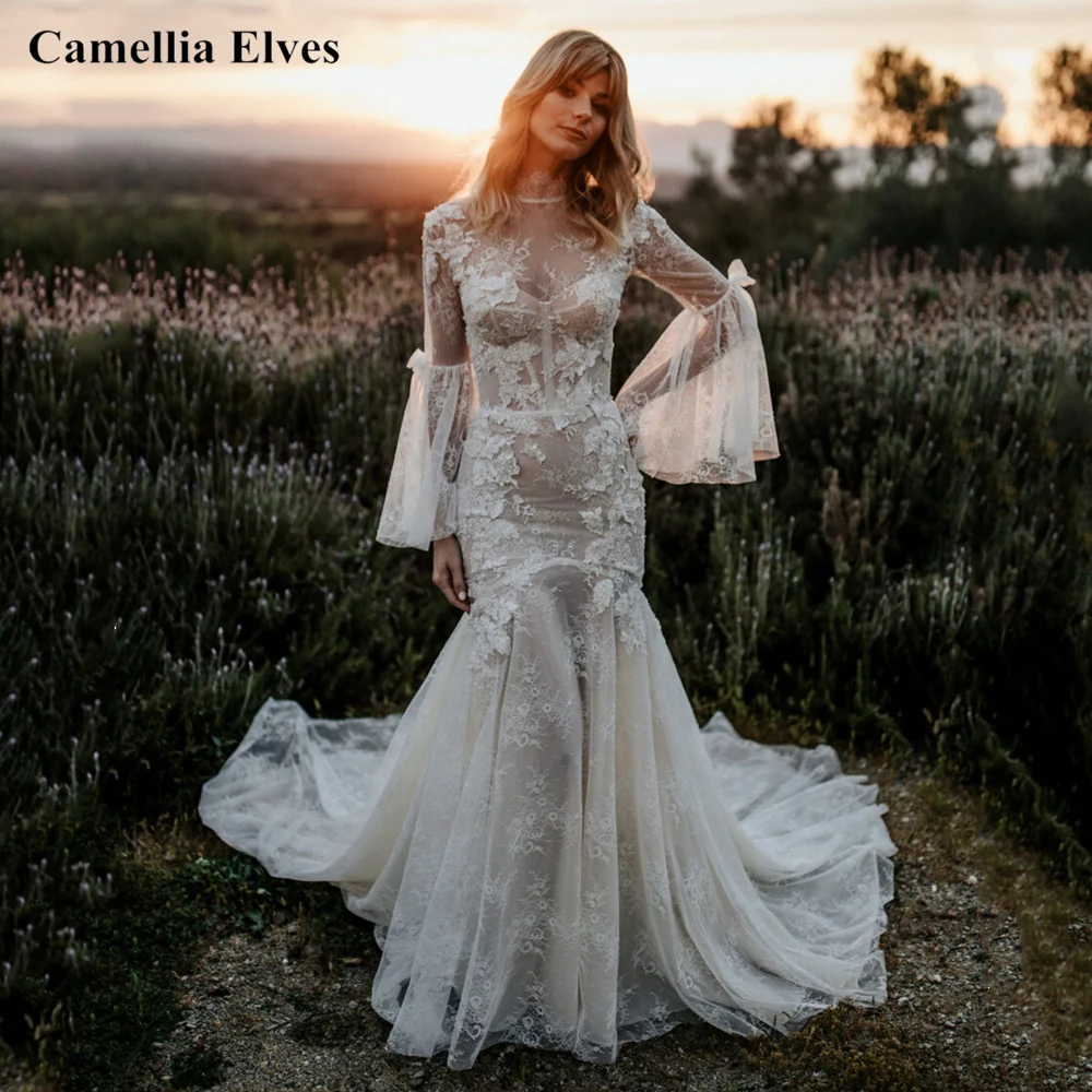 Bohemia Lace Long Flare Sleeves Wedding Dresses Mermaid Sexy Illusion Vestido De Noiva Bridal Gowns Court Train Bridal Robes
Bohemia Lace Long Flare Sleeves Wedding Dresses Mermaid Sexy Illusion Vestido De Noiva Bridal Gowns Court Train Bridal Robes