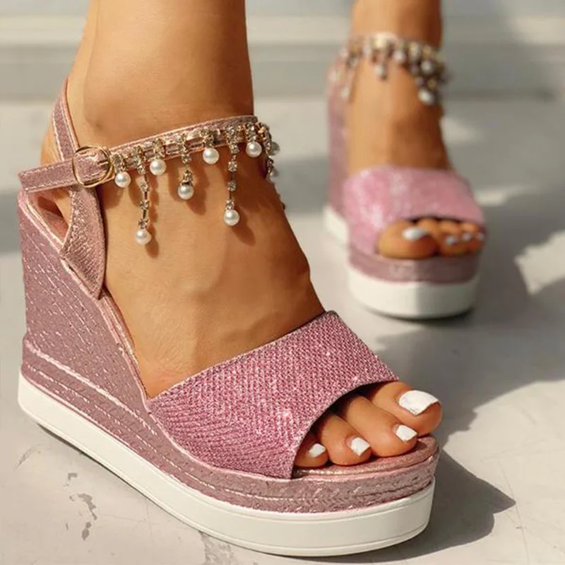 

2021 New Women Wedge Sandals Summer Bead Studded Detail Platform Sandals Buckle Strap Peep Toe Thick Bottom Casual Shoes Ladie