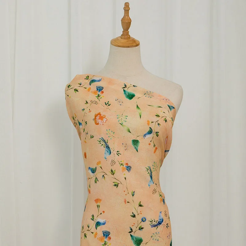 

High quality ramie fabric Blue Bird Print tissu High grade dress Robe cheongsam sewing