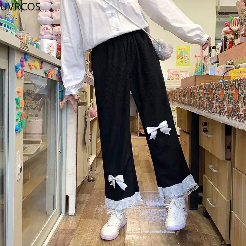 Женские милые вельветовые брюки в японском стиле Лолита с завышенной талией