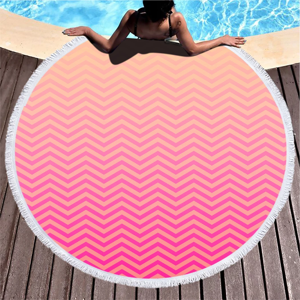 Tropical Zigzag Round Beach Towel Pink Sunset gradation Microfiber Beach Towel With Tassel Geometric Wavy Compressed Bath Towel 
Tropical Zigzag Round Beach Towel Pink Sunset gradation Microfiber Beach Towel With Tassel Geometric Wavy Compressed Bath Towel