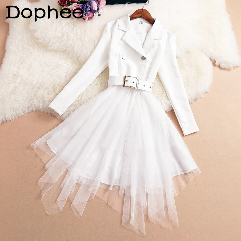 Suit Collar Irregular Dress Women's Double Breasted Slim Asymmetric Short Dress Fake Two Pieces Gauze Patchwork A-line Dress
Suit Collar Irregular Dress Women's Double Breasted Slim Asymmetric Short Dress Fake Two Pieces Gauze Patchwork A-line Dress