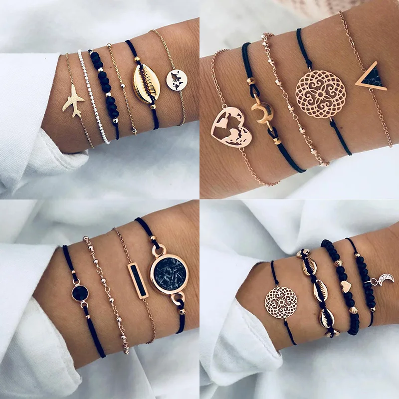 New Bohemian Black Rope Chain Bracelet Set For Women aircraft Shell Moon Heart crystal Charm Bangle Boho Jewelry
New Bohemian Black Rope Chain Bracelet Set For Women aircraft Shell Moon Heart crystal Charm Bangle Boho Jewelry