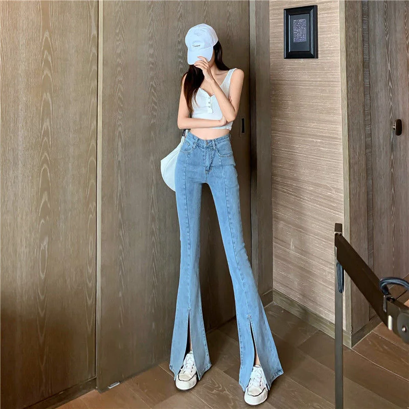 Micro trumpet jeans women's spring and Autumn New Korean version Retro High Waist show thin drooping feeling split wide leg
Micro trumpet jeans women's spring and Autumn New Korean version Retro High Waist show thin drooping feeling split wide leg