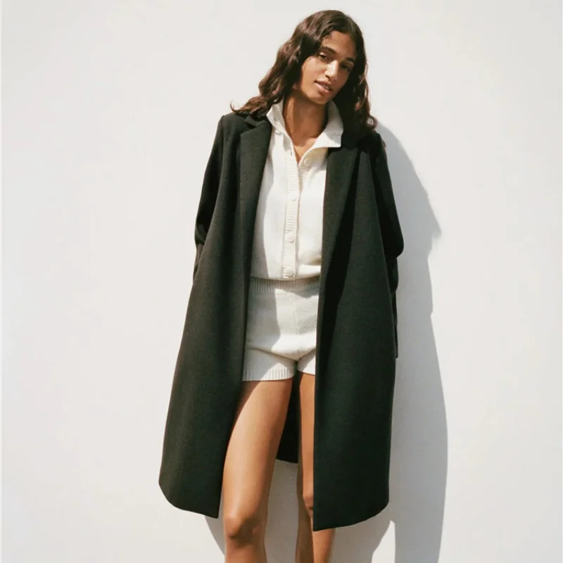 

Long Wool Coat Blends Women Loose Jackets Trench Cardigans Long Sleeve Tops Lapel Autumn Winter Outerwear Army Green Wool Coats