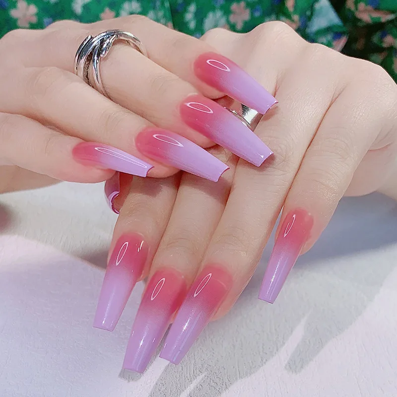 

24pcs Glossy Ombre Pink Nude White French Ballerina Coffin False Nail Gradient Natural Press on Ballet Fake Nails Tips Reusable#