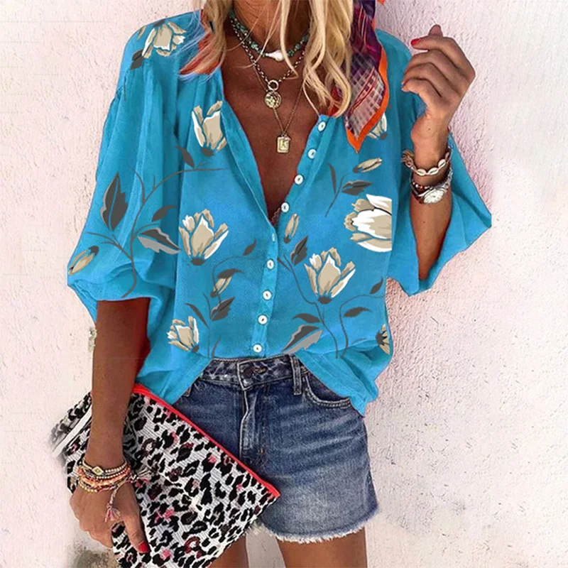 Summer Flower Print Nine Quarter Stand Collar Shirt Women Loose Plus Size Tops And Blouses Casual Open Stitch Office Lady Shirts 
Summer Flower Print Nine Quarter Stand Collar Shirt Women Loose Plus Size Tops And Blouses Casual Open Stitch Office Lady Shirts