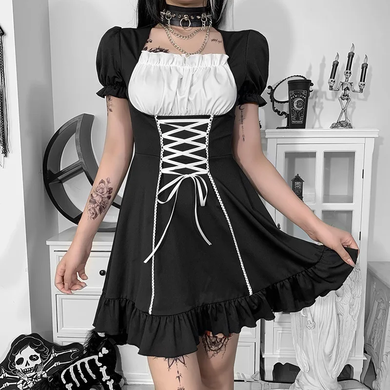 Autumn college style contrast color puff sleeve lace up dress women
Autumn college style contrast color puff sleeve lace up dress women