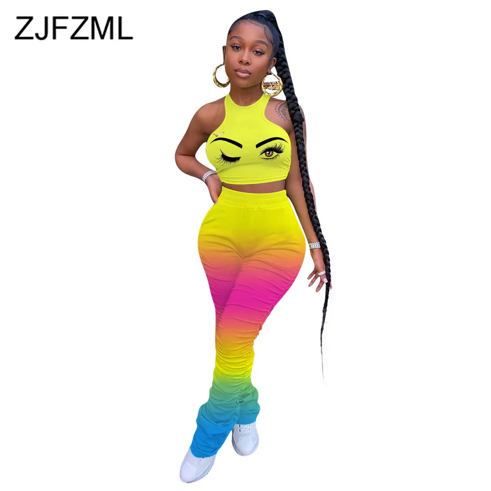 Women Sporty Two Piece Outfit Sweatsuits Gaidient Print Tank Crop Top Stacked Pant Legging Casual Lounge Wear Night Club Suits
Women Sporty Two Piece Outfit Sweatsuits Gaidient Print Tank Crop Top Stacked Pant Legging Casual Lounge Wear Night Club Suits