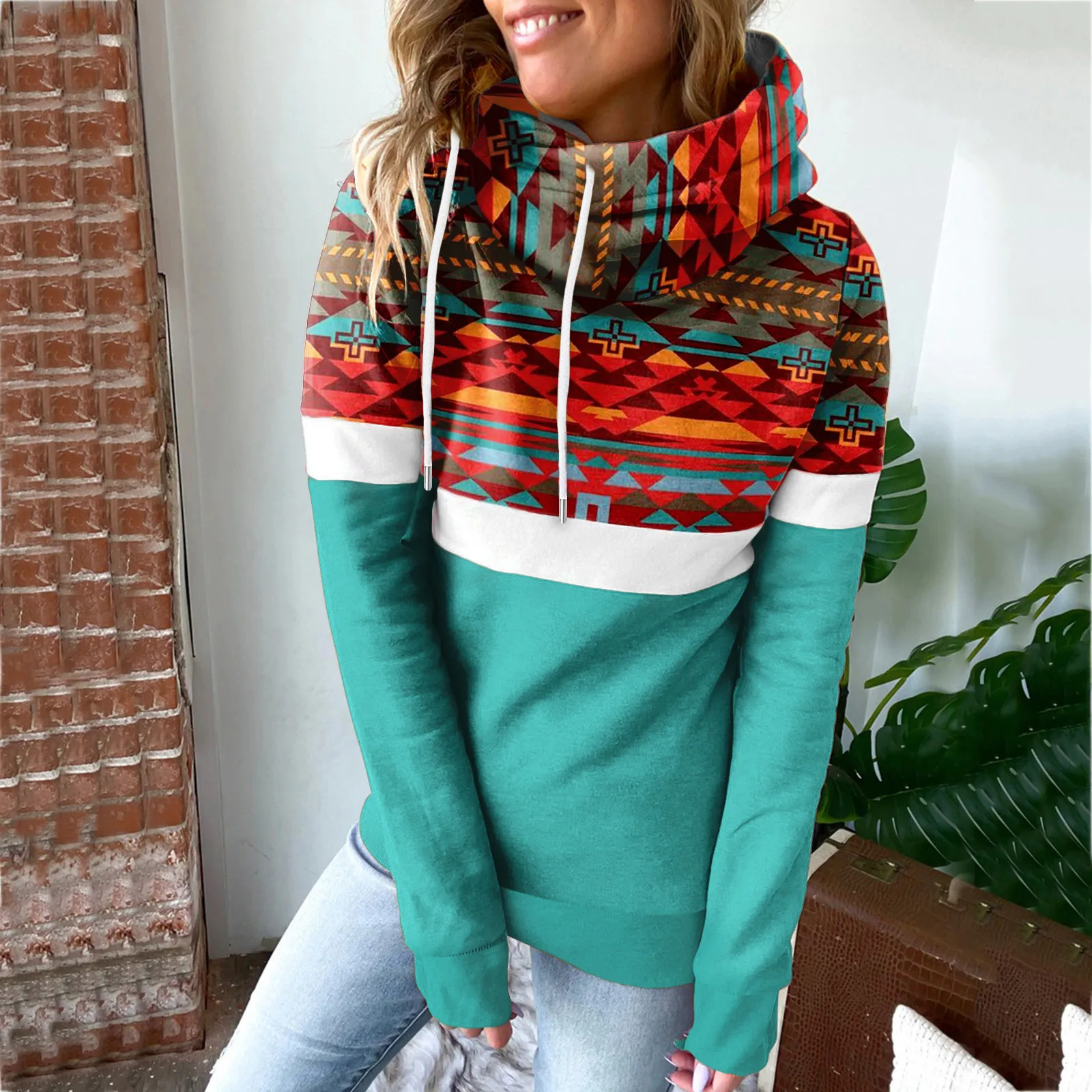 Женская теплая толстовка с геометрическим рисунком и шарфом винтажный пуловер в
