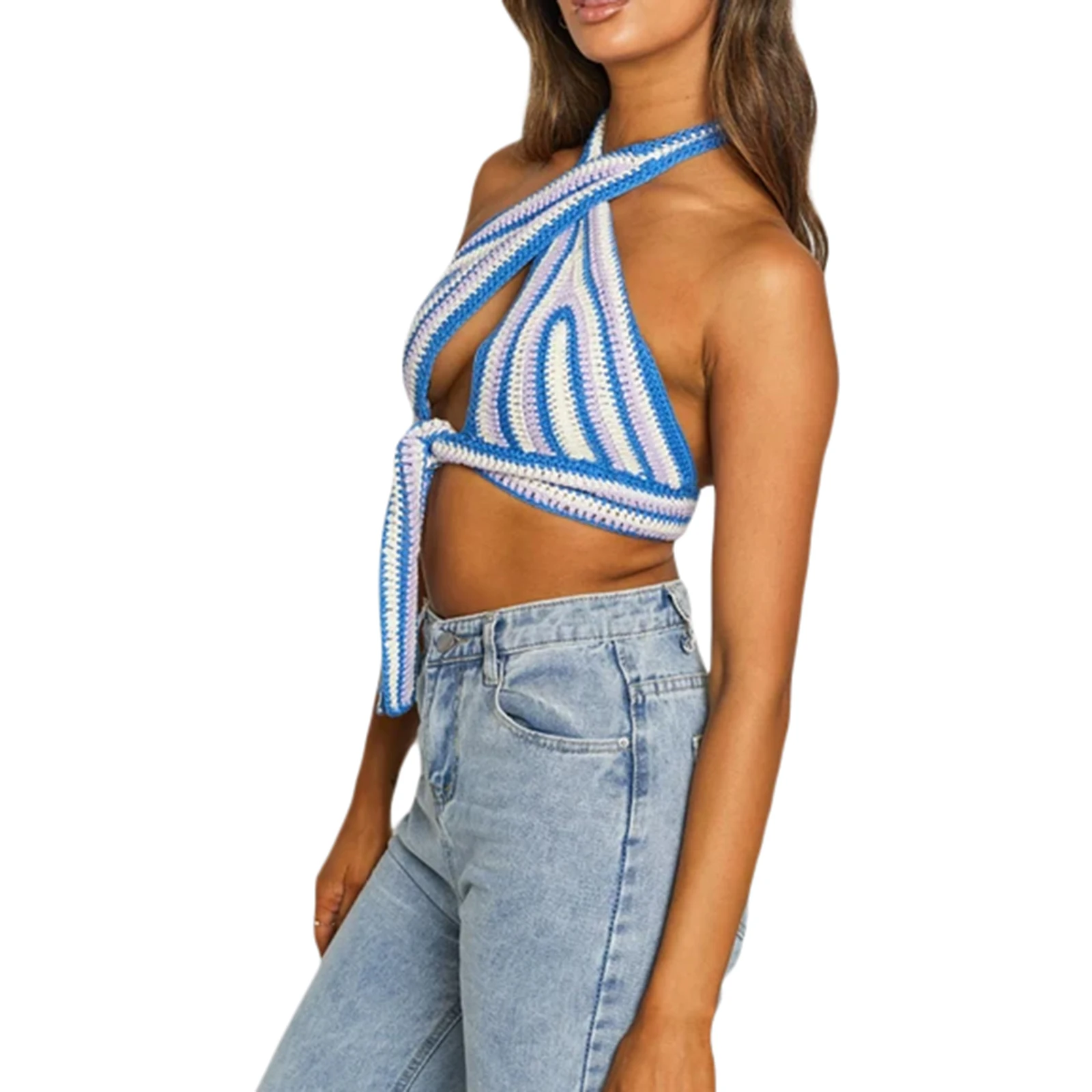 

2021 New Women's Criss Cross Halter Tops, Sexy Sleeveless Striped Print Cutout Tie Knot Front Crop Tops