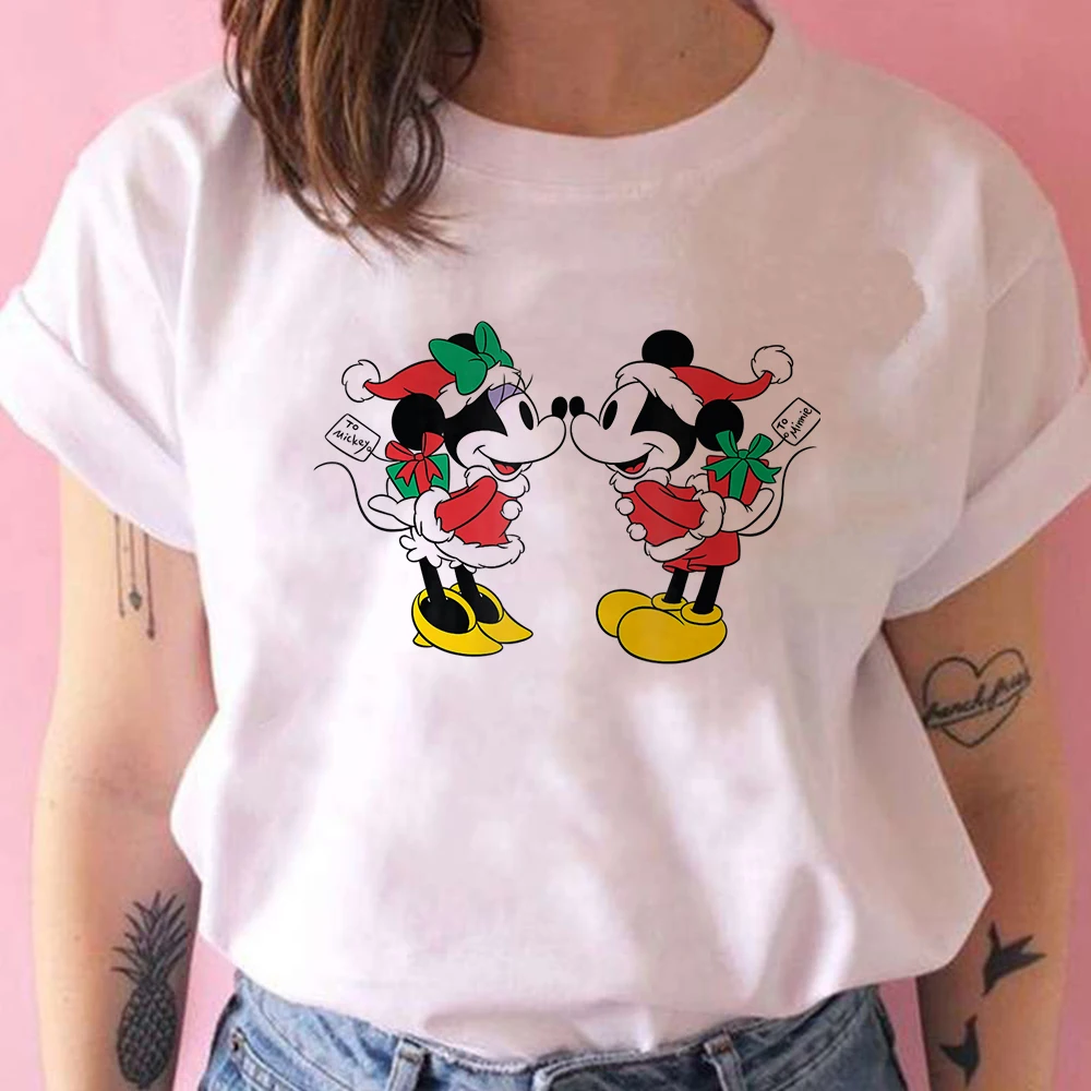 

Женская футболка с коротким рукавом, Повседневная белая футболка с изображением Микки Мауса, Минни, рождественского мультфильма, Диснея, Ха...